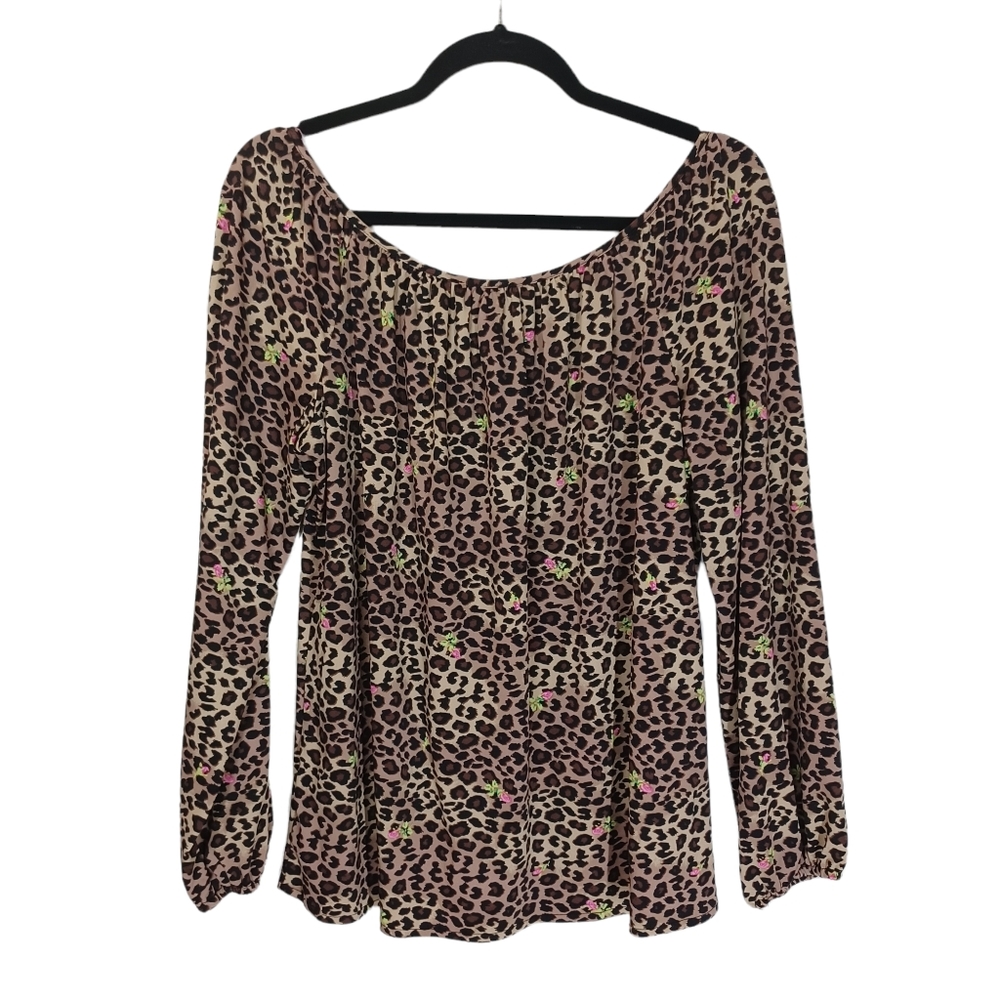 BETSEY JOHNSON Leopard Animal Print Floral Print Peasant Long Sleeve Top Large - Picture 2 of 7